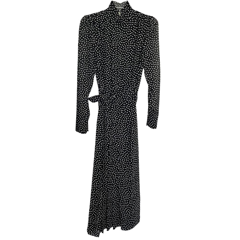 ZARA Black White Polka Dot Mock Neck Belted Midi Dress Long Sleeve - Picture 2 of 10